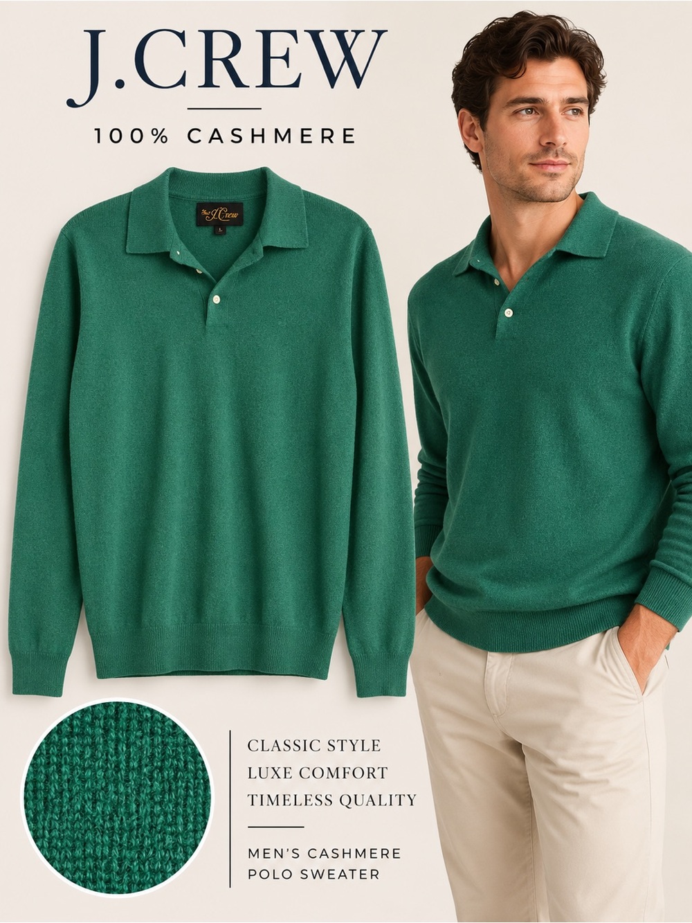 J. Crew Men’s 100% Cashmere Polo Sweater Green Size L Long Sleeve